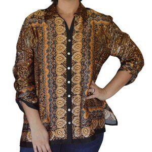 Ruby Rd Roll Tab Sleeve Cheetah Paisley Button Down Blouse Women's XL